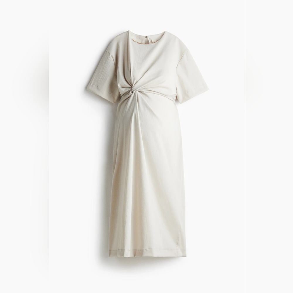 Twist-Front Cream Midi Dress